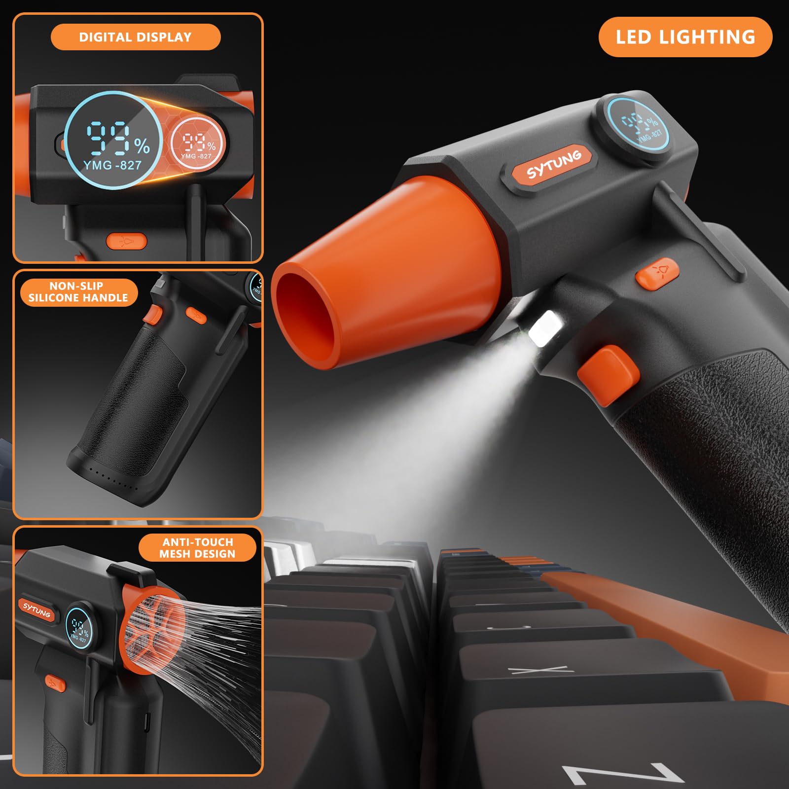 Druckluft-Staubwedel-130000 U/min Super Power Akku-Luftstaubwedel Winddruck mit LED-Licht, 3-Gang einstellbares Gebläse für PC, Tastatur, Outdoor, Haus und Auto