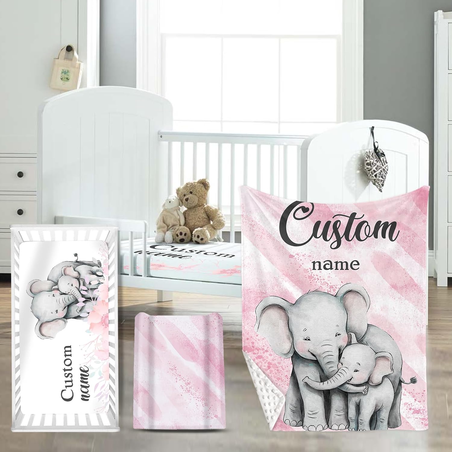 Personalized Name Crib Bedding Set for Infant Baby, Custom Nursery Decor Pink Elephant Mother Love Baby Blanket Fitted Crib Sheet Changing Pad Cover 3 Pcs