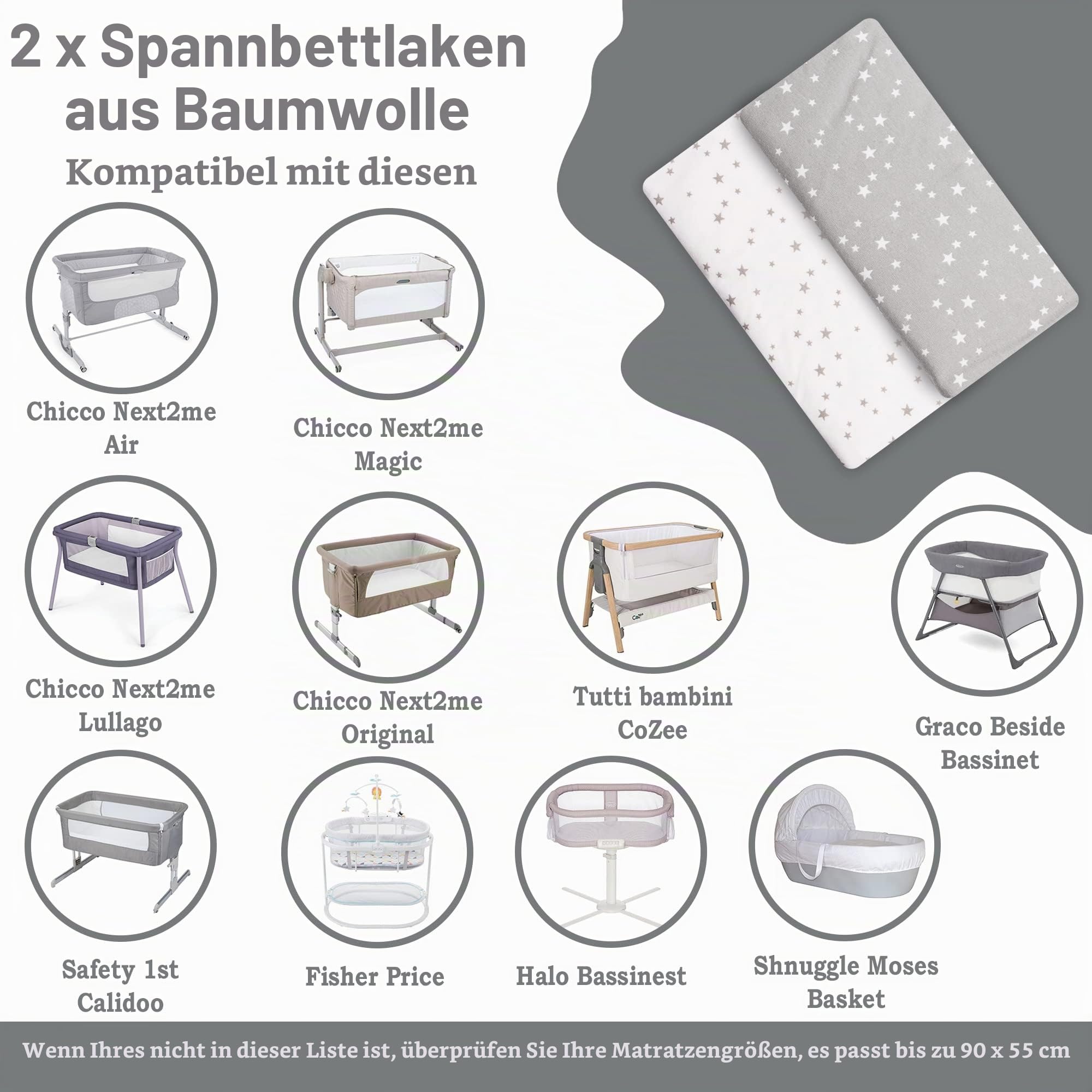 Lilly B. Bio-Baumwolle GOTS 2-in-1-Pack mit 2 Wasserdichten Babybettlaken, verwendet anstelle von Matratzenschoner, kompatibel mit Next2me, Snuzpod & Allen Beistellbetten, Stubenwagen bis zu 90x55cm