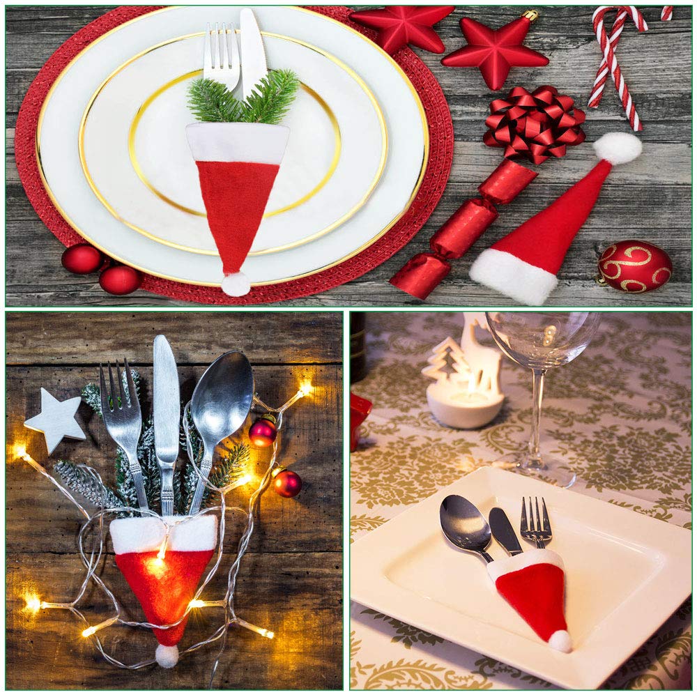 BUZIFU Decorazione da tavolo Natale Set di 20 mini cappello Babbo Natale custodia tasca portaposate, forchetta cucchiaio, coperchi di caramelle, bottiglie di vino decorativo di Natale