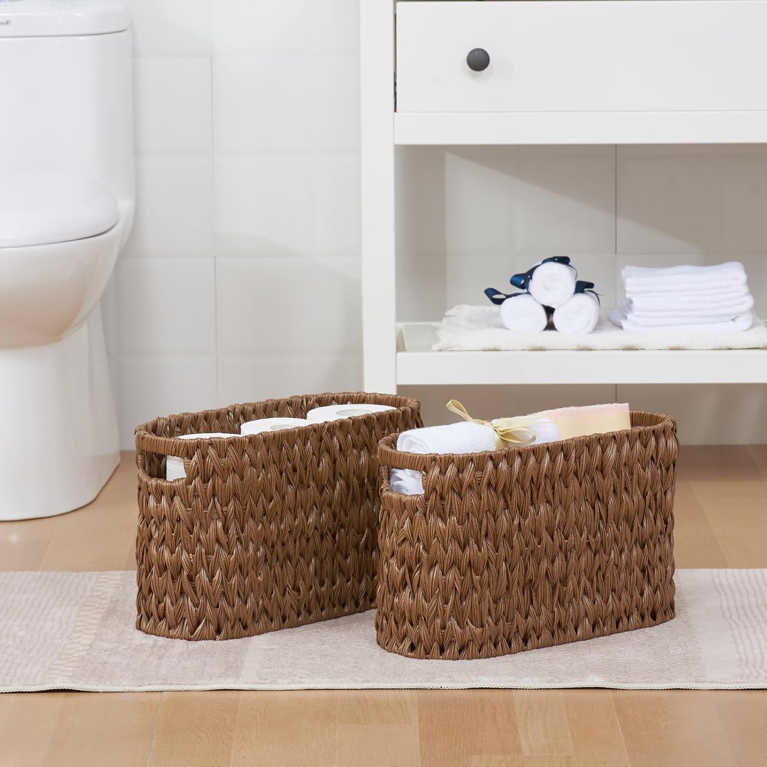 Toilet Paper Storage, Waterproof & Freestanding Toilet Paper Basket for Bathroom Storage 6 Rolls, Brown - Image 5