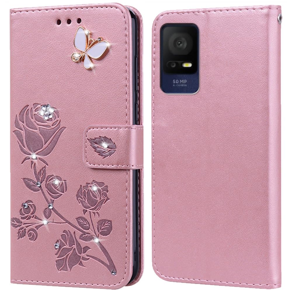 Cover A Libro Per TCL 405/406/408 – Con Fessure Per Carte, Supporto Stand, TPU E PU, Motivo Rosa