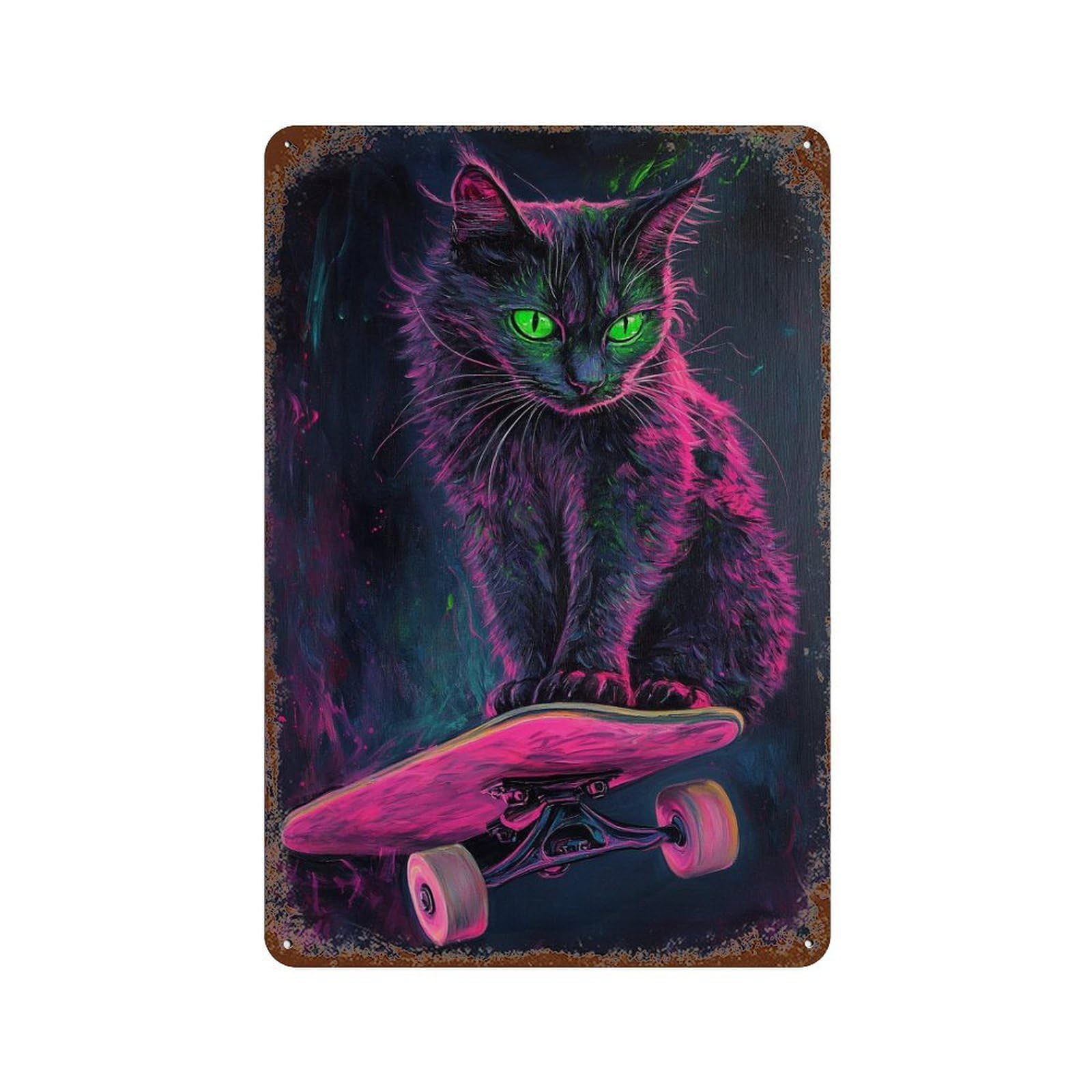 Neon Skateboarding Cat Art Print-3 Rusty Metal Tin Sign 11.8"x7.9", Industrial Home Decor for Garage, Pub Or Kitchen
