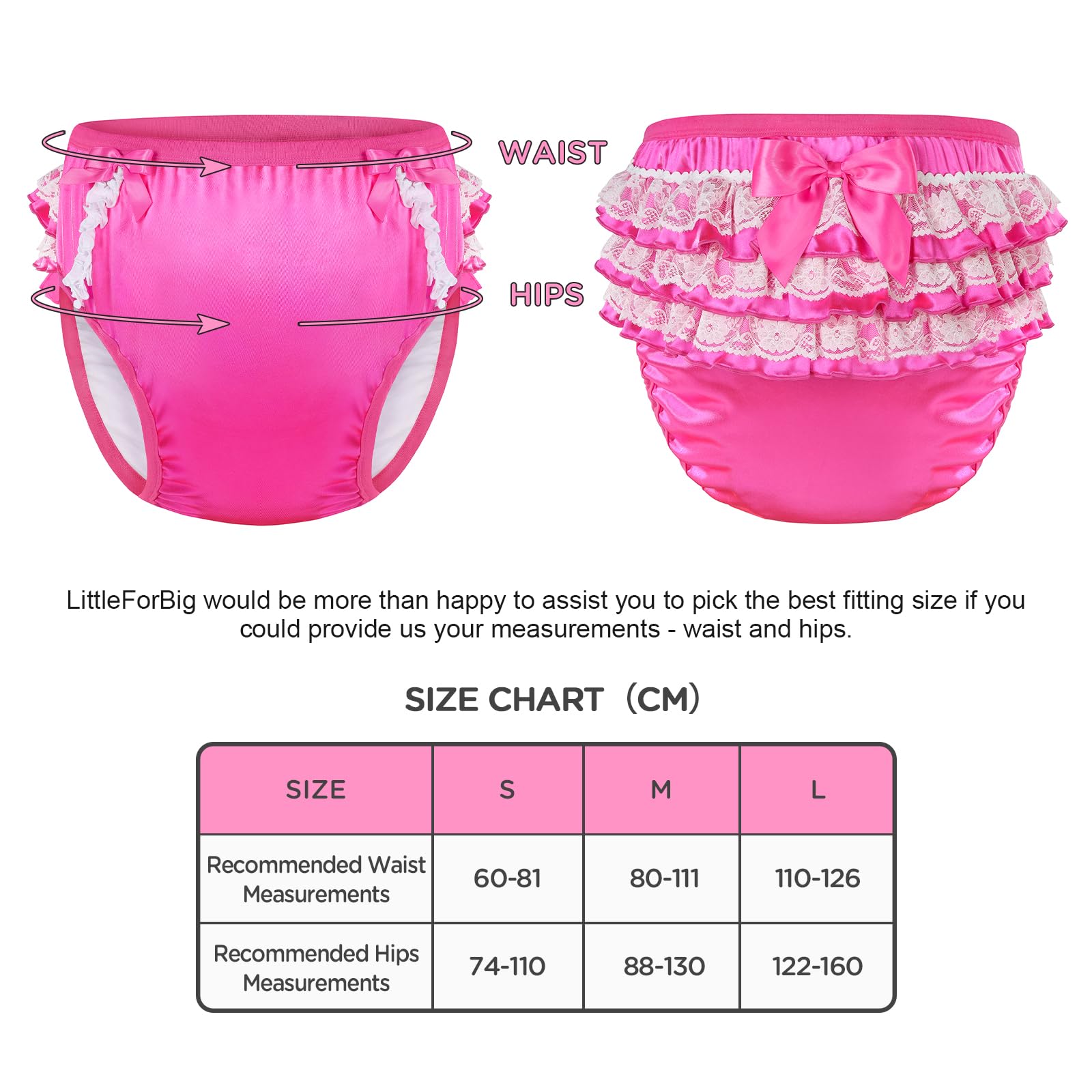 LittleForBig Weiche Unterwäsche Bequeme Waschbare Wiederverwendbare Gerüschte Spitzenschleife Pretty in Magenta Satin Trainingshosen für Erwachsene M