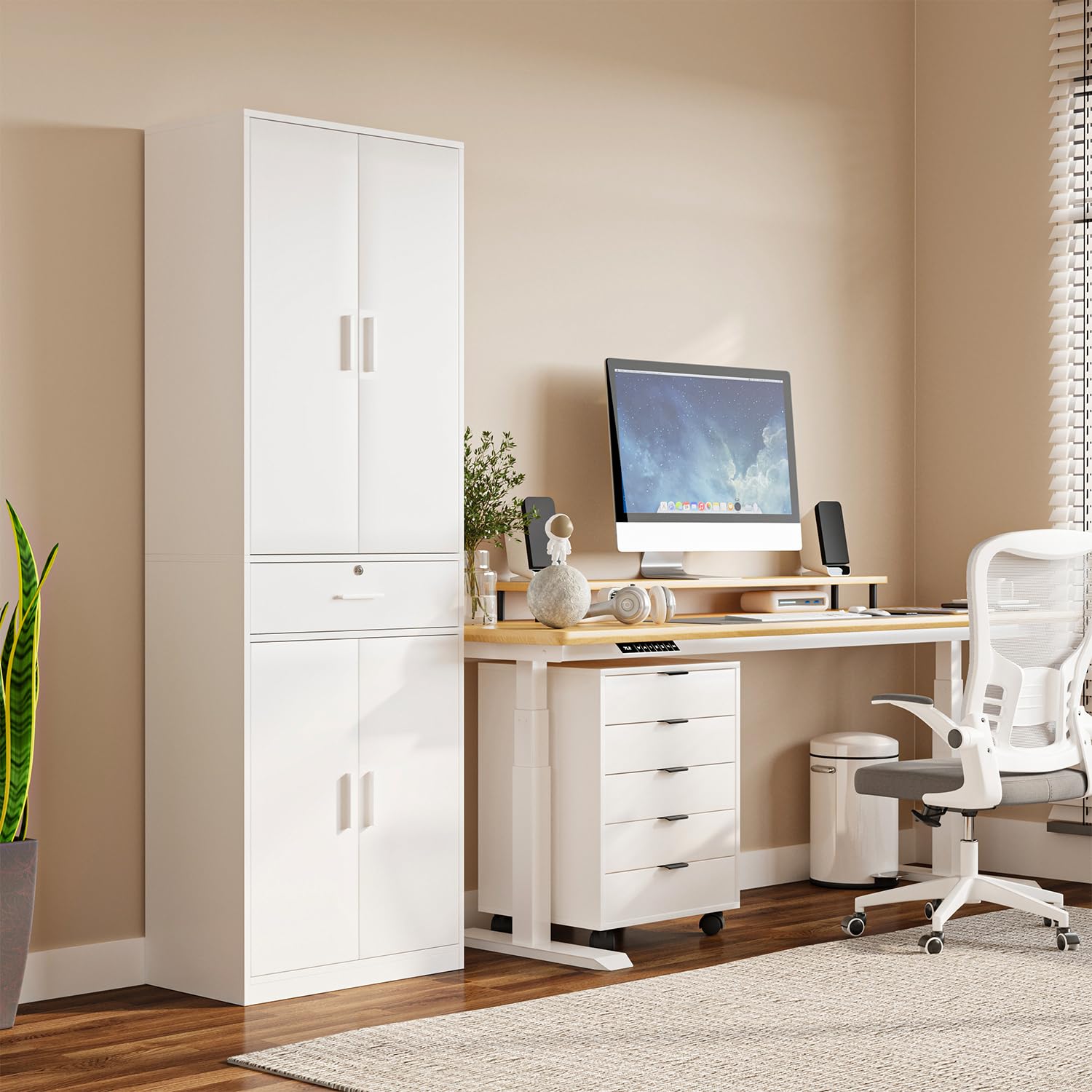 Mehrzweckschrank Büroschrank, Aktenschrank mit Schublade, Weiß | Schrank mit Schublade Türen，Kleiderschrank Küchenschrank Hochschrank，60x180x34 cm (BxHxT)