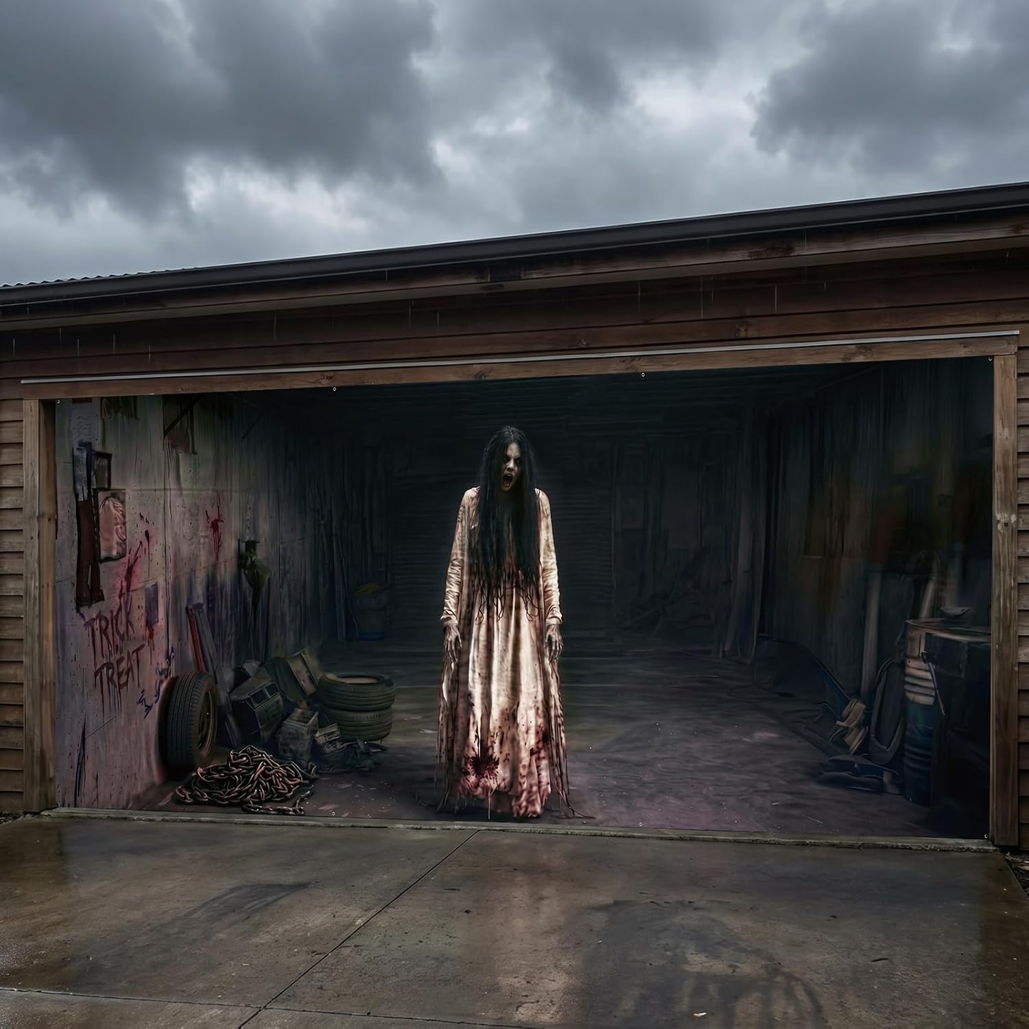Halloween Garage Door Banner 16x7 Ft, 3D Spooky Scary Halloween Decorations Outdoor Indoor, Haunted House Party Background Cover for Double Car Garage, Large Horror Women Ghost Wall Decor