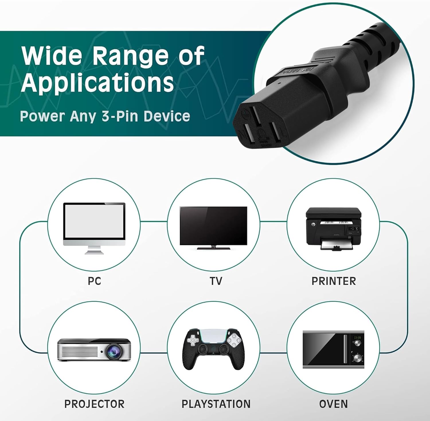 Elecan 3-Prong Replacement Power Cord 50 Ft, Heatproof Flexible Durable AC Device Power Cable for Appliance, Computer, TV, Monitor, Printer, ETL Listed 18AWG 125V 10A, with Ties