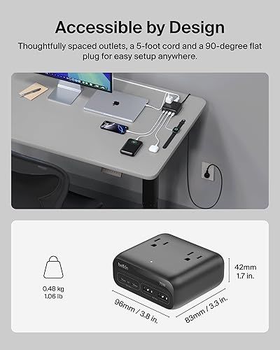 Miniatura 5 de Belkin GaN Estación de carga de 70 W, cargador USB C dual 7 en 1 con 3 salidas de CA, 2 puertos USB A, regleta de alimentación para iPhone, Apple