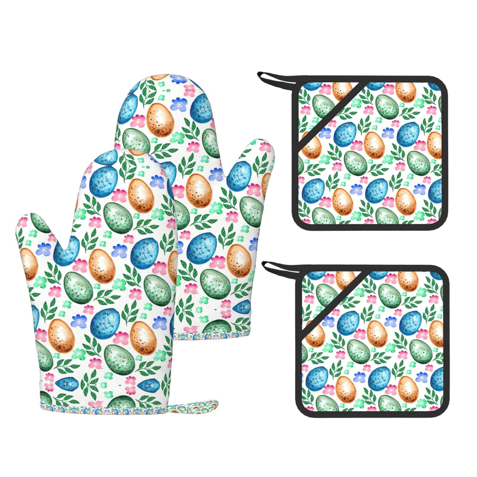 Easter Eggs Printed Oven Gloves and Hot Pads Set of 4, High Heat Resistant Silicone Mitts for Cooking BBQ