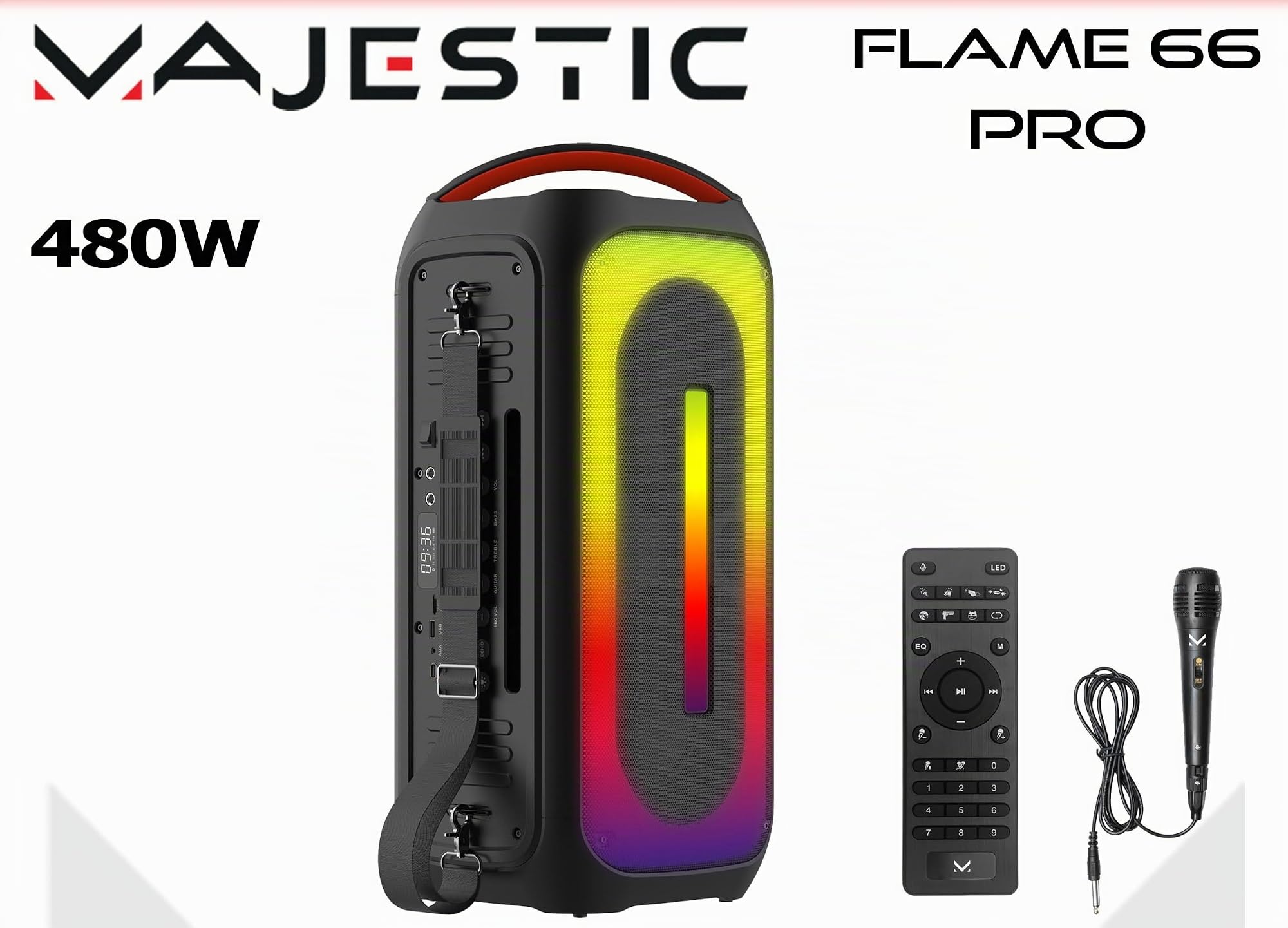 Majestic FLAME 66 PRO – Party speaker Bluetooth, Luci LED, ingressi USB/MICRO SD/AUX/MIC/GUITAR, Microfono, Telecomando, TWS, Batteria ricaricabile, Maniglia e tracolla per il trasporto