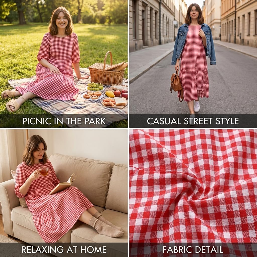 Women's Gingham Dress for Women Vintage Plaid Crewneck Short Puff Sleeve Tiered Flowy Beach Vacation Midi Dress