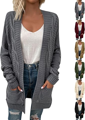 Womens Cardigan Sweaters Lightweight Long Sleeve Cardigan Cable Knit Open Front Cardigan with Pockets