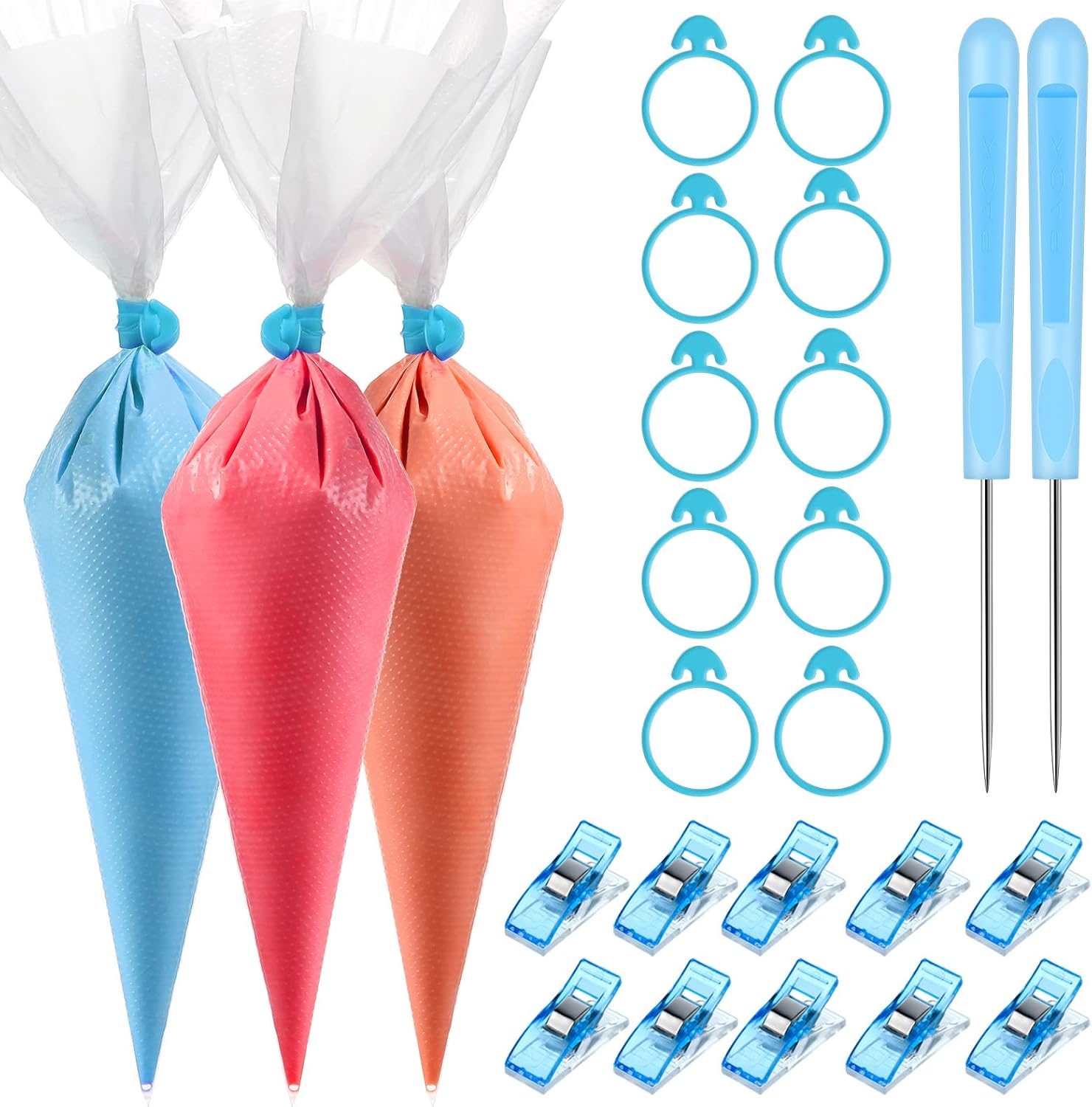 122 Pieces Cookie Decoration Tools, 100 Pcs Piping Pastry Bag, 10 Pcs Pastry Bag Ties, 10 Pcs Pastry Bag Clips and 2 Pcs Plastic Awls for Halloween Cookie Cake Decoration (Blue,10 Inch)