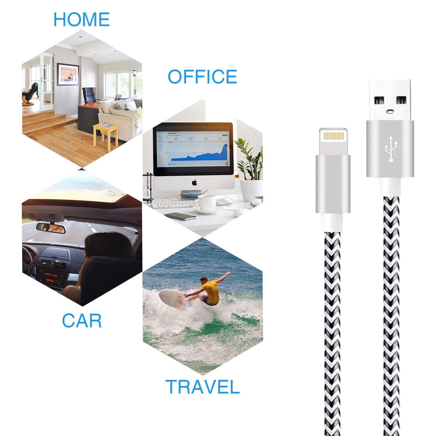 Best Promo Sharllen iPhone Charger Cord Lightning Cable 3/3/6/6/10FT 5Pack Nylon Braided USB Fast iPhone Charging Cable&Syncing Long Cord Compatible iPhoneXs/Max/XR/X/8/8P/7/7P/6/iPad/iPod(Black&Silver)