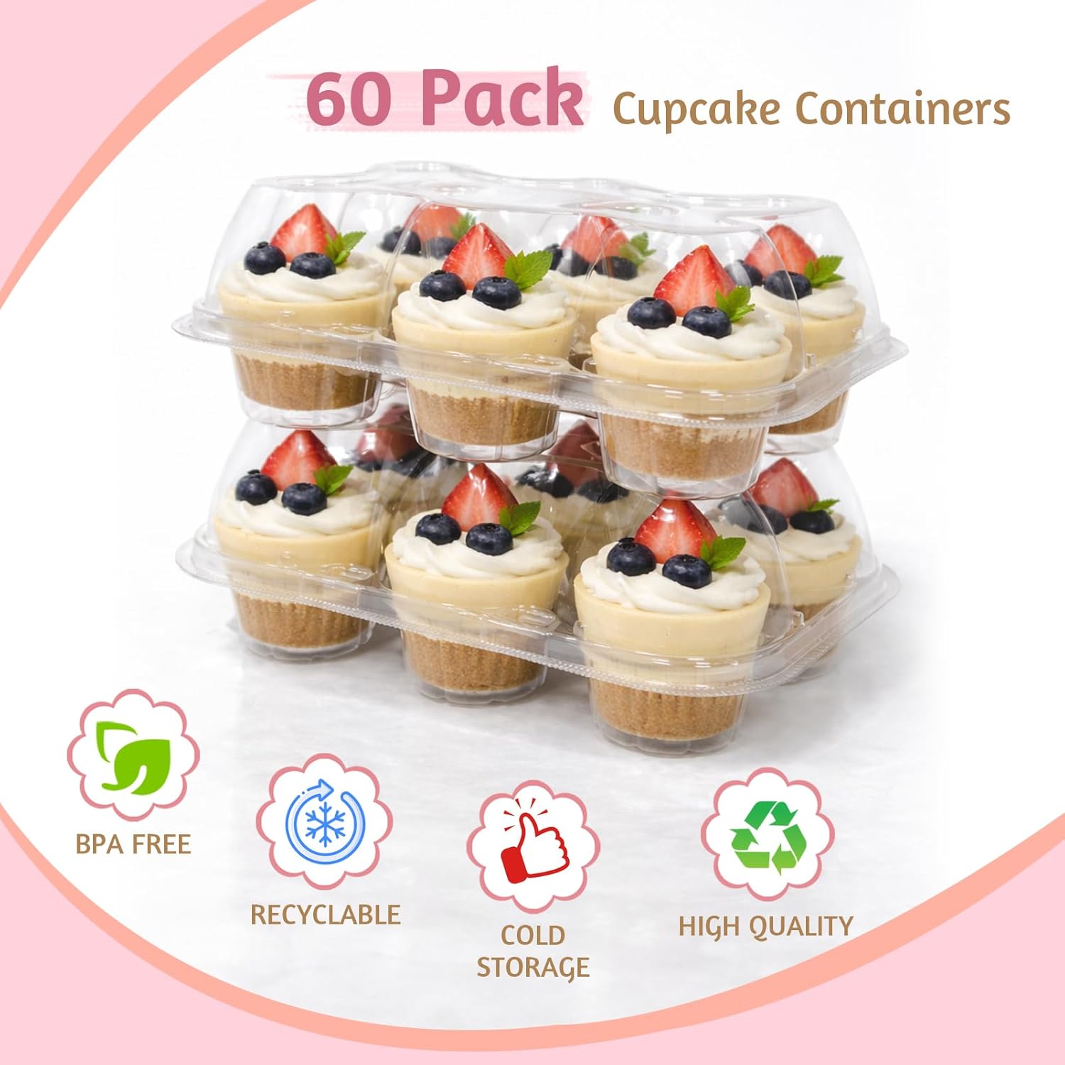 6 Count Cupcake Containers with Lids, 60 Pack Stackable cupcake holders Clear Plastic Dessert Boxes for 360 Cupcakes, Muffins