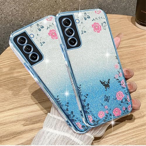 Miniatura 3 de liancang Funda para teléfono Samsung Galaxy S21 FE, mariposa chapada en TPU transparente, purpurina gradual, funda Galaxy S21 FE (azul, Galaxy S21