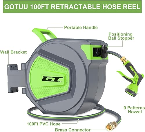 Miniatura 6 de Carrete de manguera de jardín retráctil, carrete de manguera de agua de 12 pulgada x 100 pies, montado en la pared, sistema de rebobinado lento