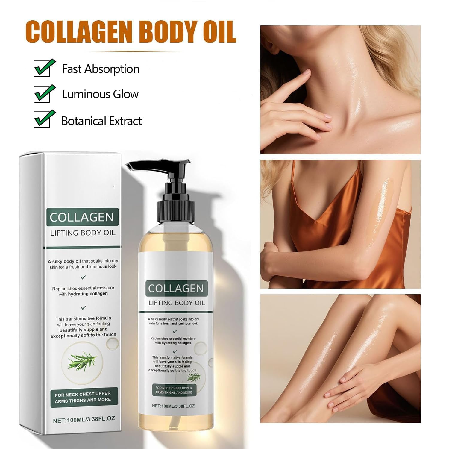 Huile Corporelle Liftante Au Collagène,Huile Corps Au Collagène Pour Femmes,Firmea Collagene Creme Corps,Collagen Lifting Body Oil,Anti Cellulite,Raffermissante,Hydratante,Atténue Les Ridules,Illumine - 3