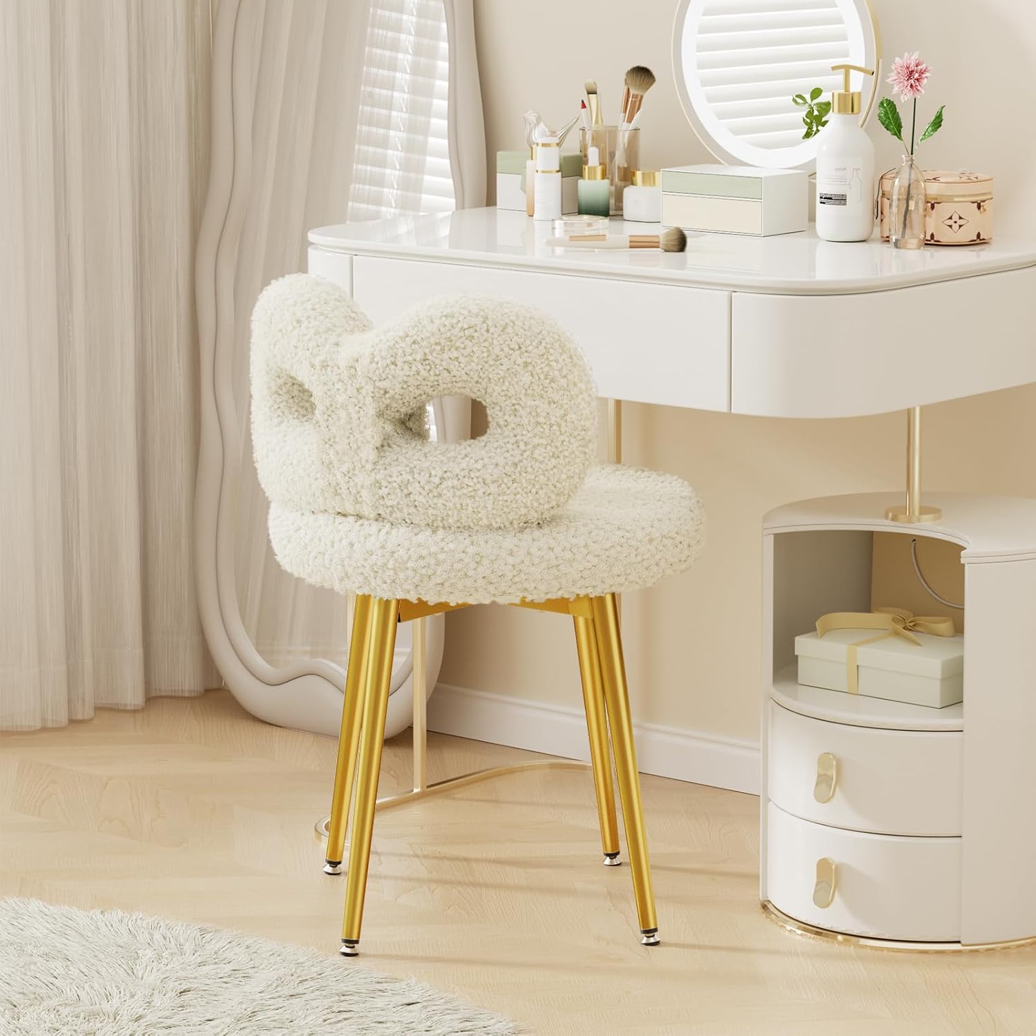 ROOMTEC Swivel Vanity Chair with Back, Upholstered Desk Chair for Girls, Modern Makeup Vanity for Bedroom, Living Room (Off-White with Golden Leg)