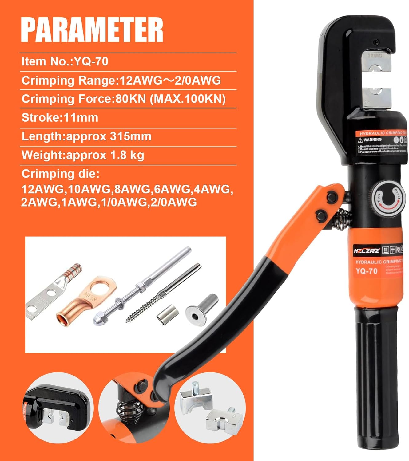 HZLZRZ Hydraulic Crimping Tool and Battery Cable Crimper Tool, Cable Cutter(2/0), Wire Crimping Tool Battery Range 12AWG-2/0AWG, 9 Pairs Of Dies For Electrical Terminal Wire Tool Kit