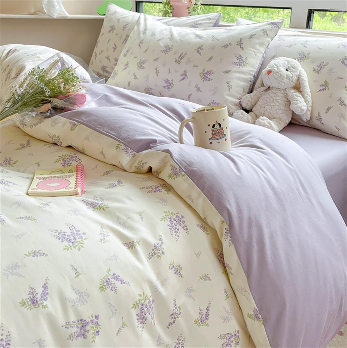 Floral Duvet Cover Queen Size Lavender Purple Romantic Flower Bedding Set 3 Pcs Kids Boys Girls Women Spring Aesthetic Green Botanical Soft Breathable Comforter Cover with Zipper Closure