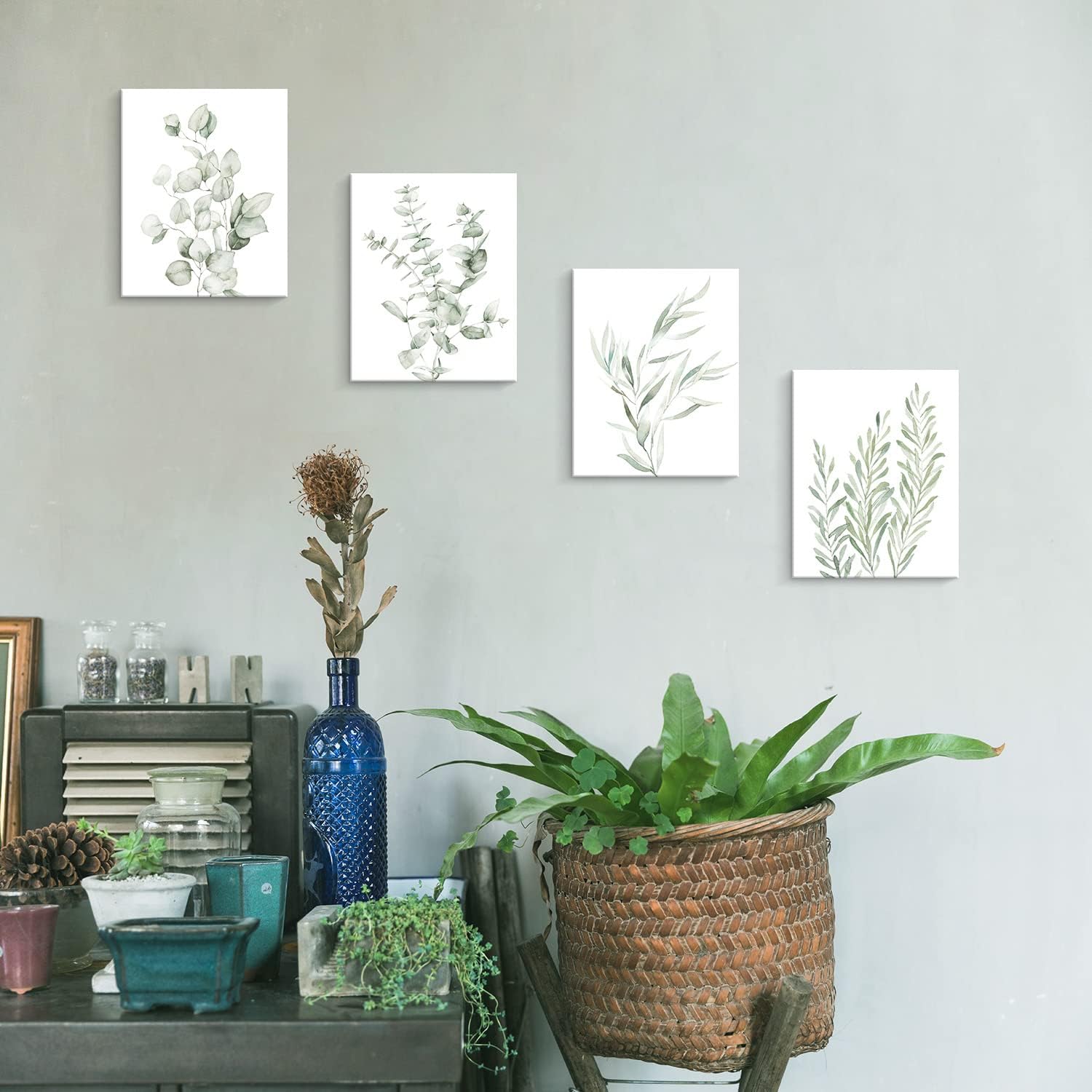 ARTINME Framed Botanical Painting Wall Art- Set of 4 8x10 Neutral Canvas Prints- Eucalyptus Wall Decor for Living Room, Kitchen, Bedroom, Bathroom, Office