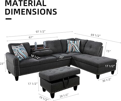 Miniatura 2 de Sofá modular en forma de L con otomana, diseño de cabeza de clavo, lino orientado a la derecha, sofás modernos con portavasos para sala de estar,