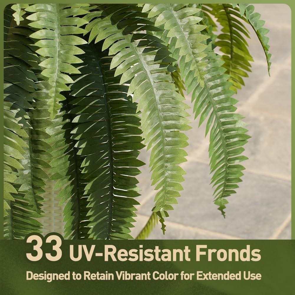 48" Boston Ferns Artificial Outdoor Plants - 33 Fronds UV Resistant Faux Greenery with Taper Planter- Realistic Fake Bushes Front Porch Decor for Garden, Patio, Indoors - Set of 1, VN153