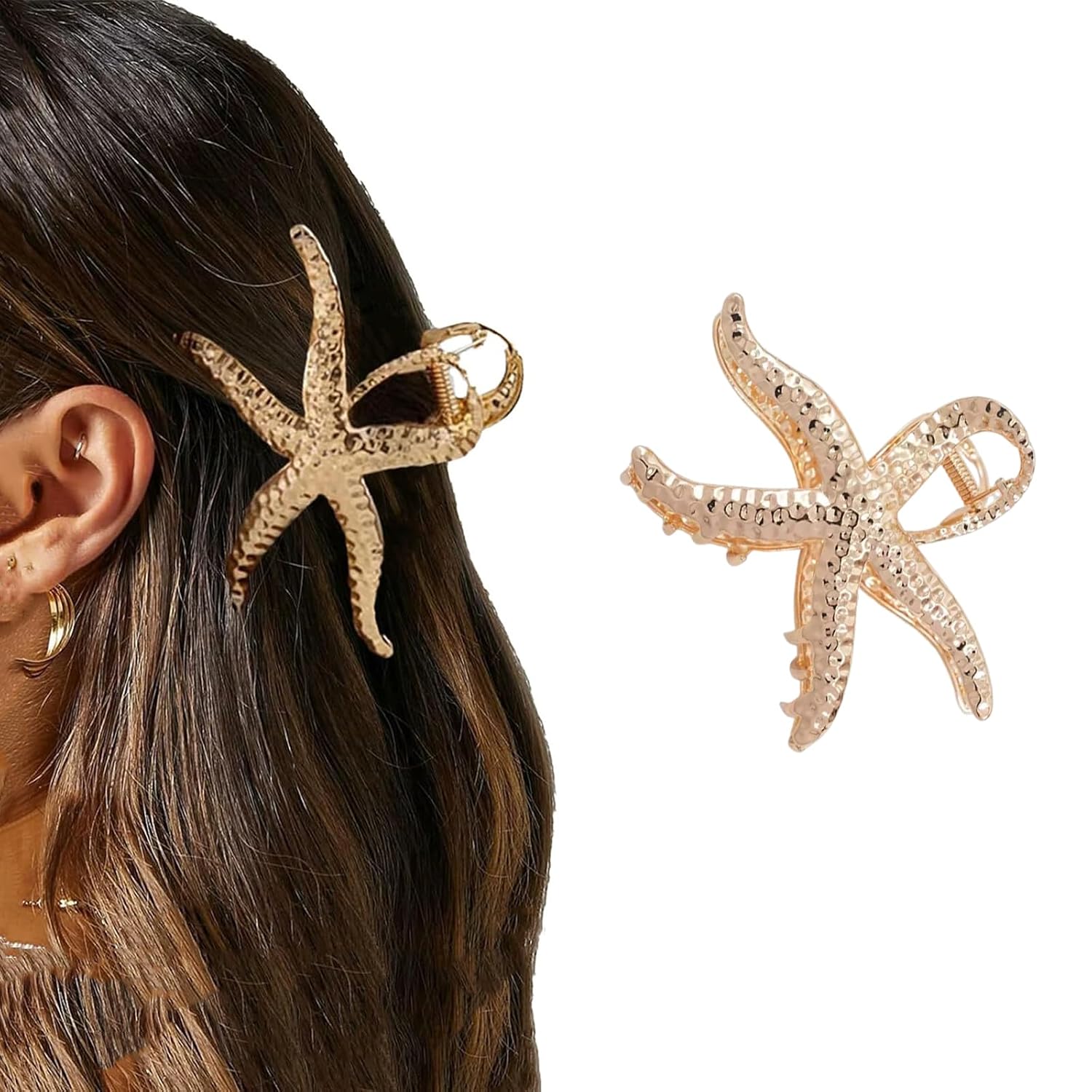 Golden Starfish Hair Clips for Women, Retro Metal Hair Clip, Large Claw Clips for Summer Holiday, Gold Alloy Headwear Styling Hair Accessories for Beach Costume, Summer Hair Claw Clip