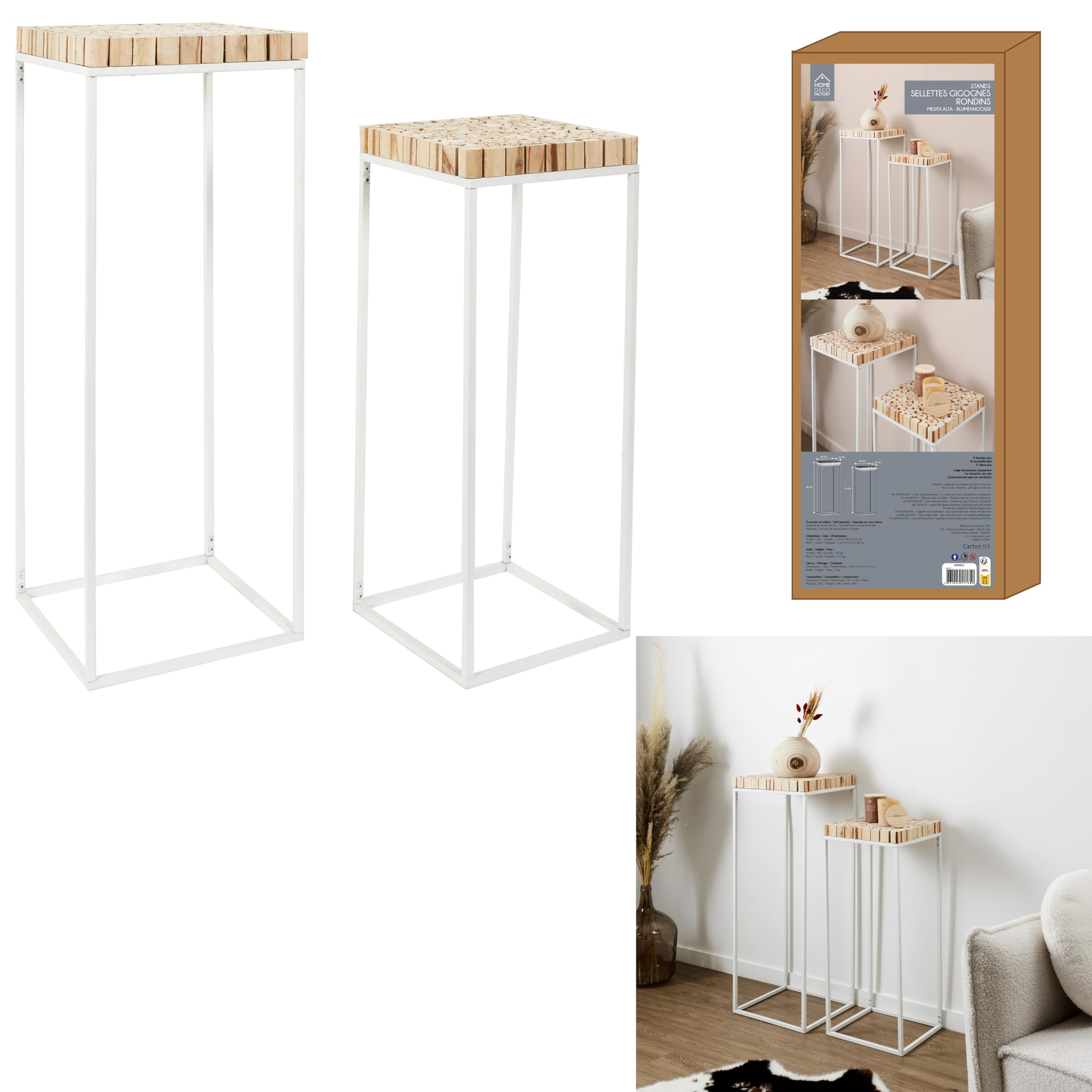 HOME DECO FACTORY Lot de 2 Sellettes Gigognes Bois et Métal Marron | Bois de pin et métal, lot de 2 sellettes gigognes, design contemporain, salon ou entrée, gain de place, 34x34x90 cm, marron