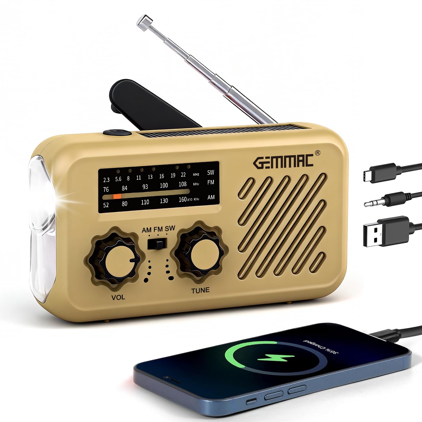 Portable Emergency Radio, FM/Am Emergency Radio with Solar Rechargeable Dynamo Radios with Crank with LED Flashlight and Reading Light 2000mAh Powerbank SOS Alarm USB Outdoor Camping — view 9