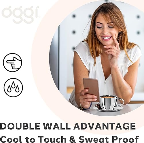 Miniatura 6 de Oggi Taza de café aislada de 12 onzas, platillo incluido, tecnología de acero inoxidable de doble pared, taza de café o té con elegante acabado de
