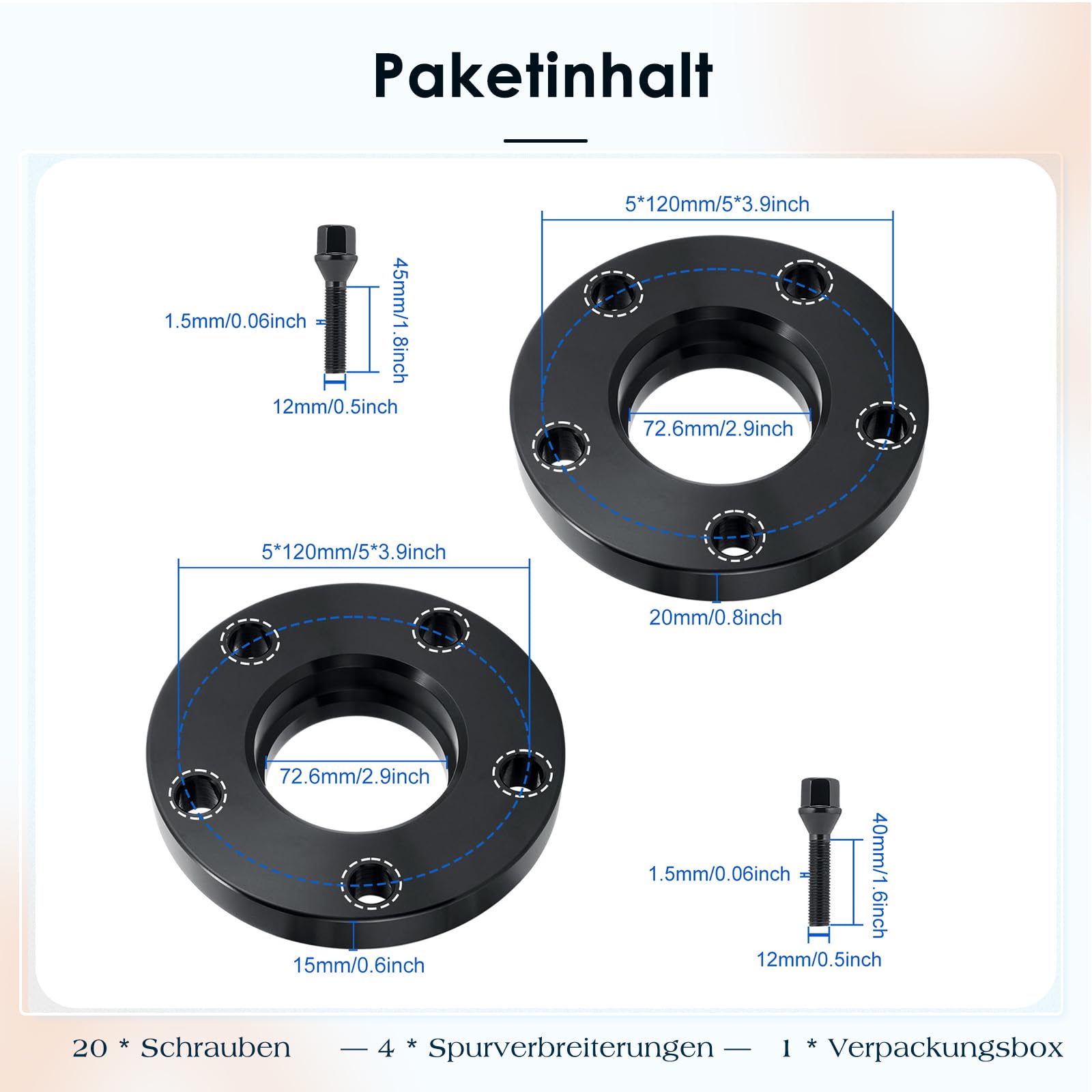 GEARMONSTER 4 distanziali 5 x 120 NLB: 72,6 15/20 mm con 20 viti per ruota M12 x 1,5 per BMW serie 3