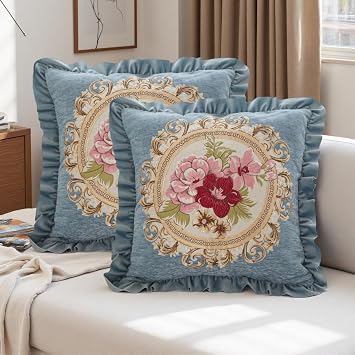 Set of 2 Lake Blue Throw Pillows Covers 18x18in for Sofa Couch,Blue Vintage Pillow Covers for Living Room,Spring Floral Embroidered Cushion Cover for Bed Chairs Car
