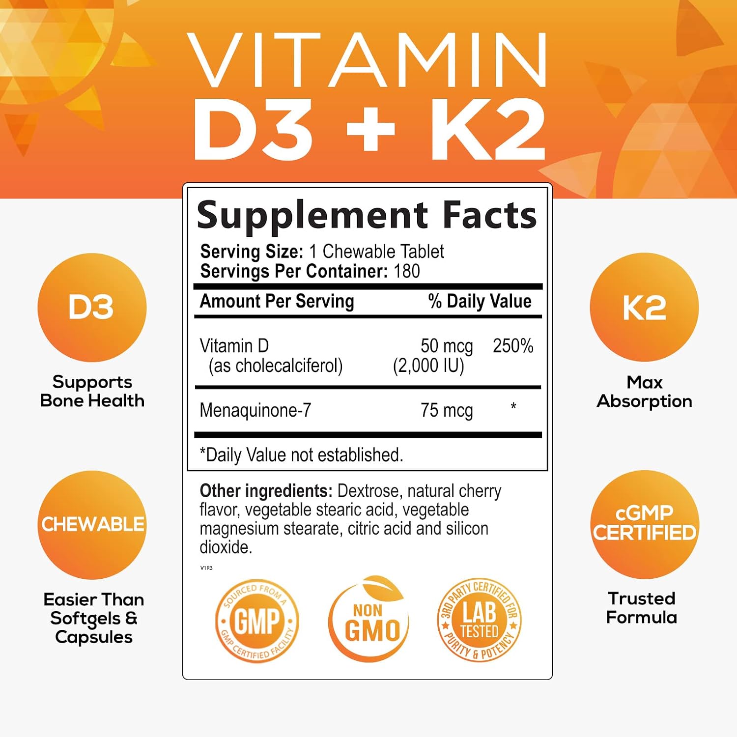 Vitamin D3 + K2 Supplement, 2 in 1 Formula with MK-7 - High Potency Vitamin D & Vitamin K2 MK7 Complex - Heart Health Support, Bone, Teeth & Immune Support, Non-GMO - 180 Chewable Tablets