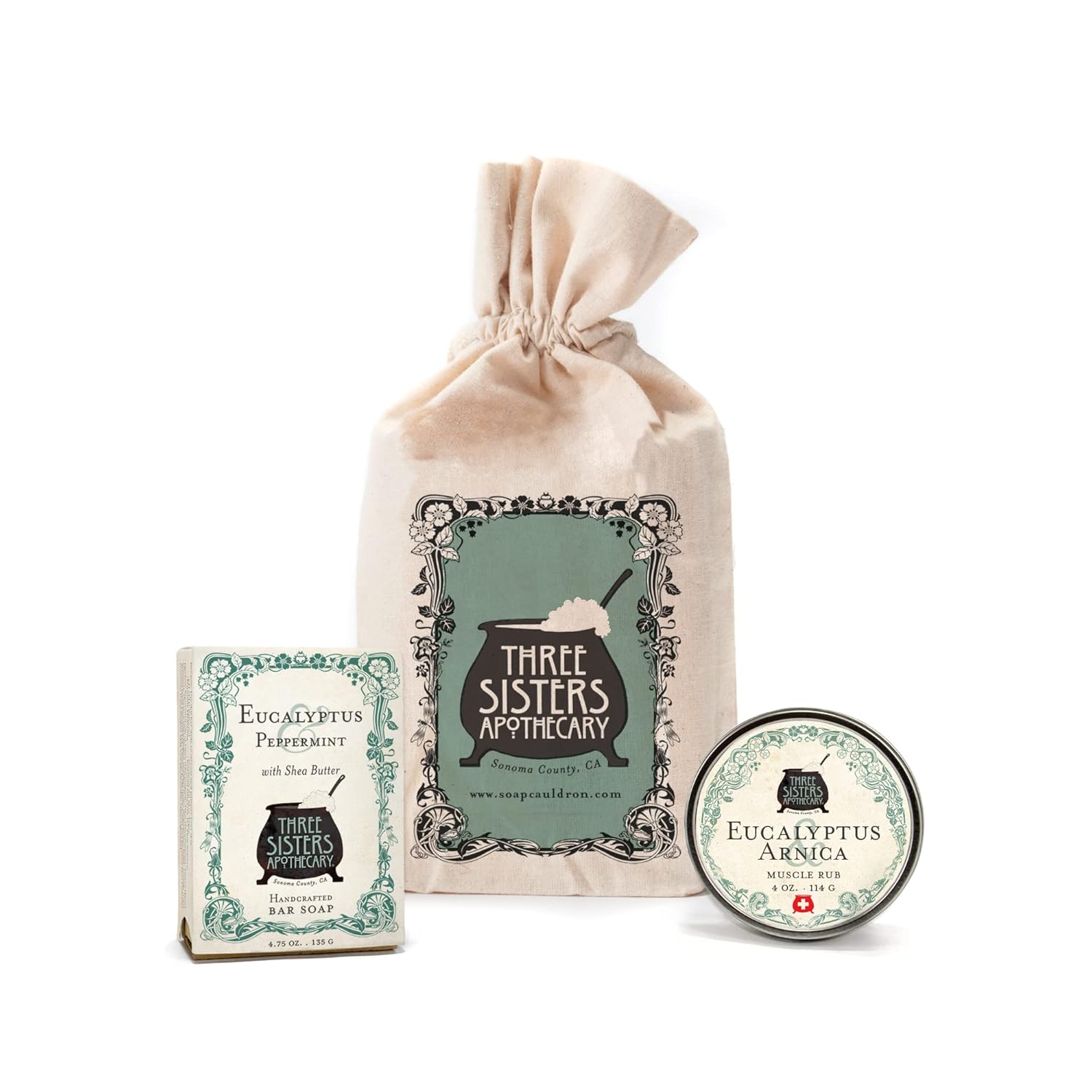 Three SIsters Apothecary Muslin Gift Set - Bar Soap and Body Butter (Eucalyptus & Mint)