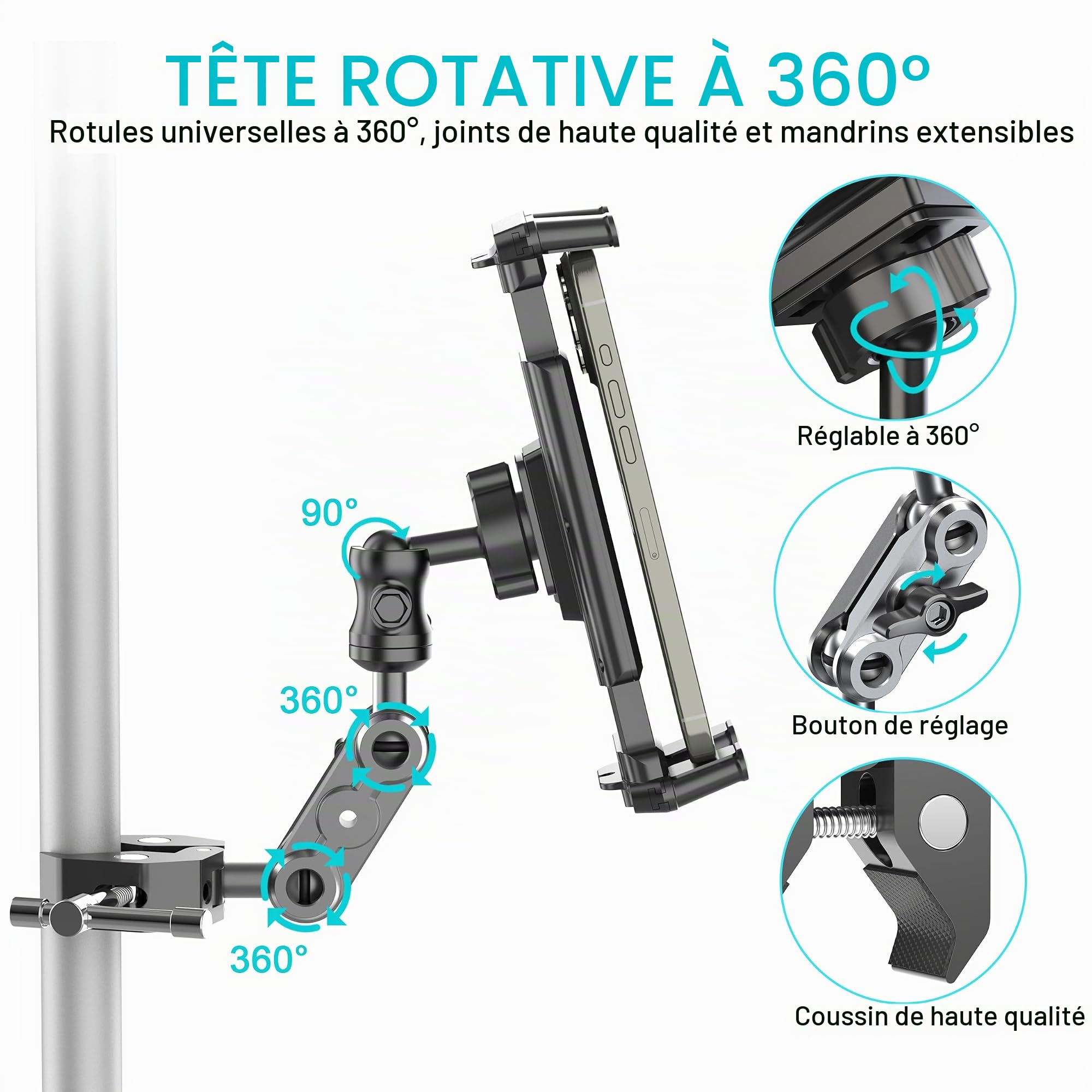 Support Universel pour Tapis de Course, vélo d'appartement, Poussette, Fauteuil Roulant, voiturette de Golf - Pince à 360° for iPad, iPhone, Smartphones et tablettes de 12 à 33 cm
