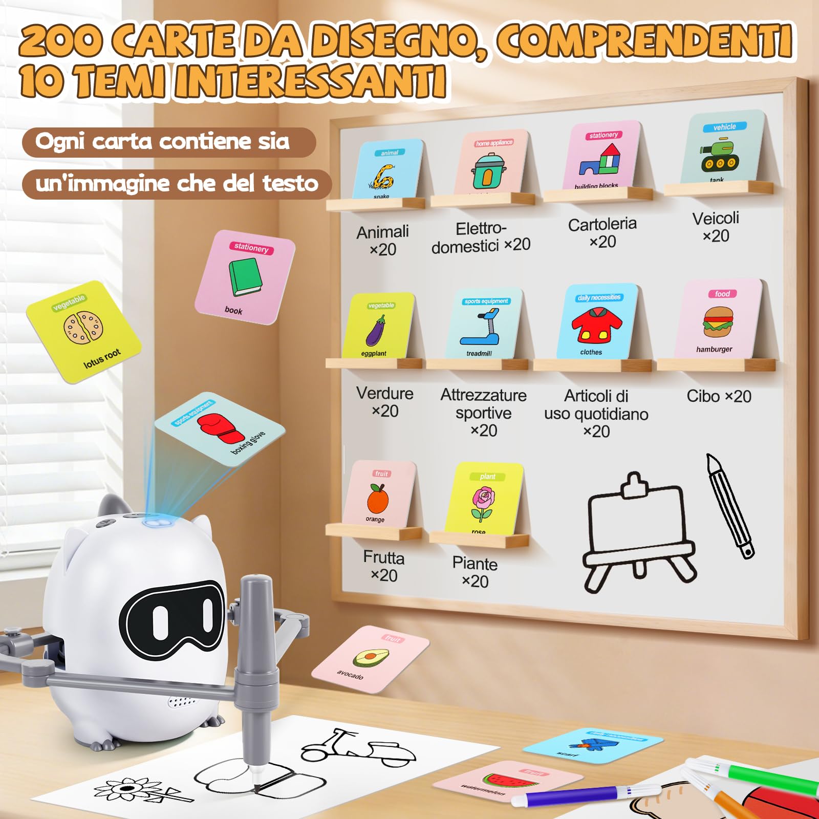 Charmofun Robot da colorare per bambini, 200 carte educative, robot da disegno per bambini con riconoscimento della fotocamera, macchina da disegno educativa interattiva, giocattolo educativo
