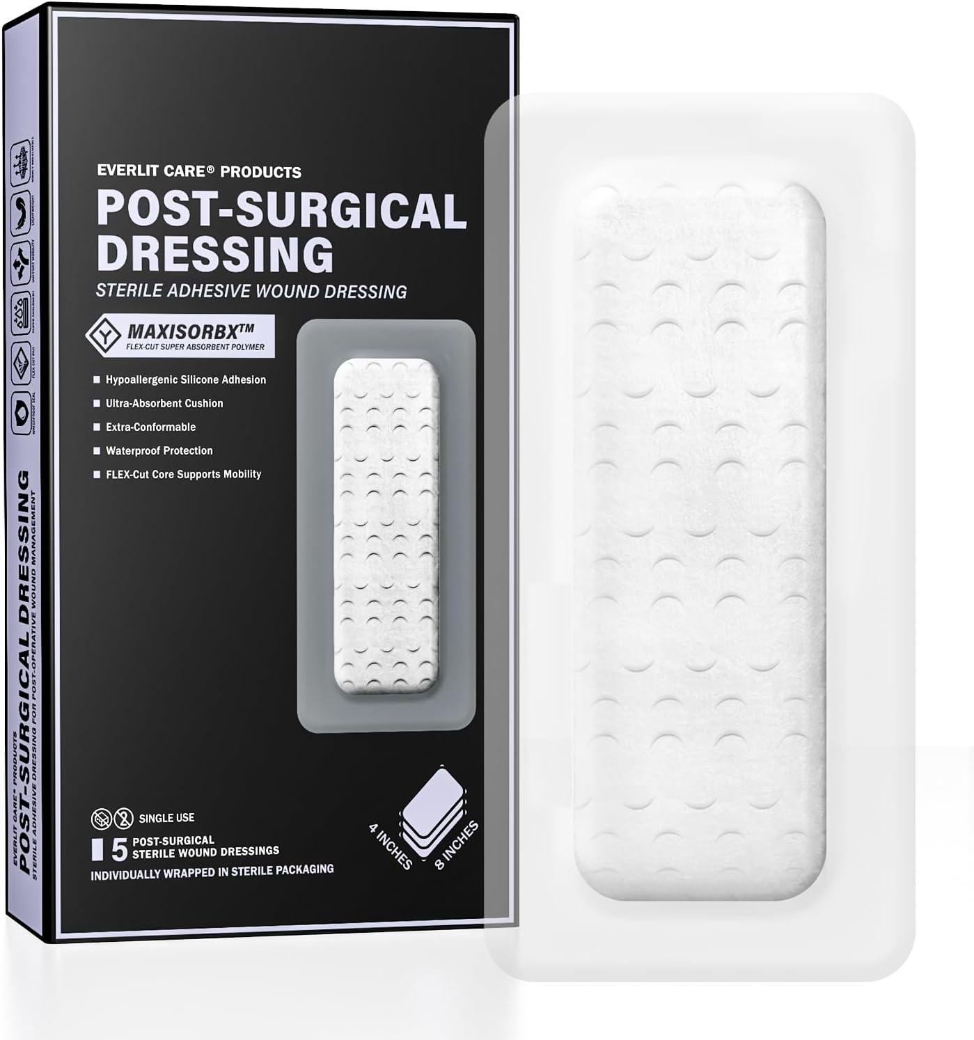 EVERLIT Post-Surgical Dressing | Sterile Waterproof Adhesive Dressing for Post-Operative Wound Care | Hypoallergenic Silicone Coated Bandage for Surgical Incision Pack of 5 (4" x 12")