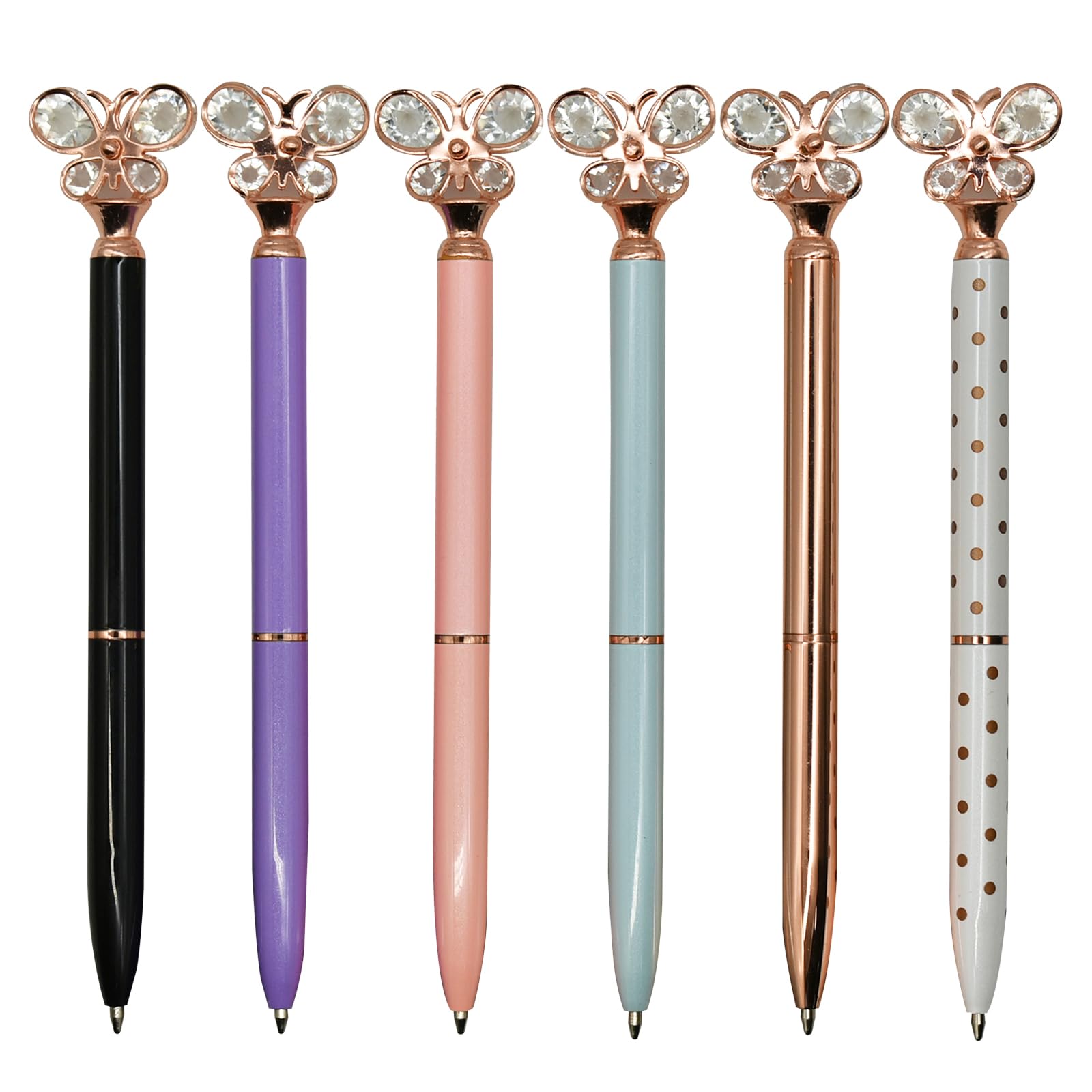 6 PCS Fashion Butterfly Pens Bling Diamond Ballpoint Pens Luxury Metal Twist Pens 1.0mm Black Ink Ballpoint Pens For School Office Home Party Christmas Birthday