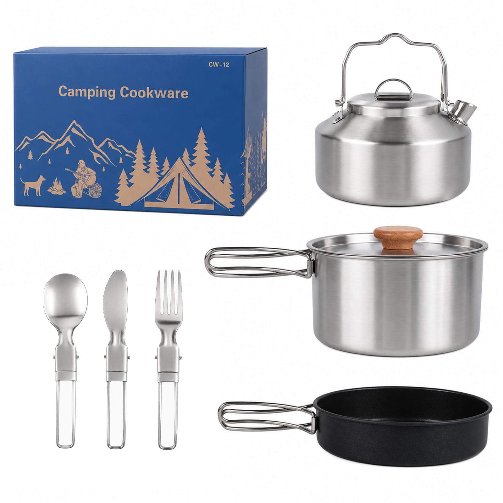 Upgraded Nonstick Camping Cookware with Pot Pan Kettle Cutlery