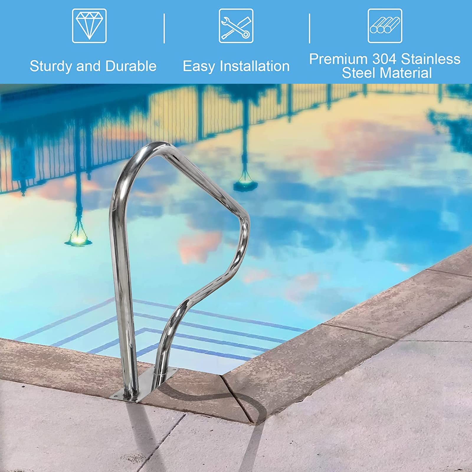 Rampe Piscine en Acier Inoxydable, 98 * 81cm Main Courante Rail Barre D'Appui De Piscines Tube avec Housse Poignée, Main Courante pour Entrée en Pente Spa Parc Aquatique (Size : 1 Pack)