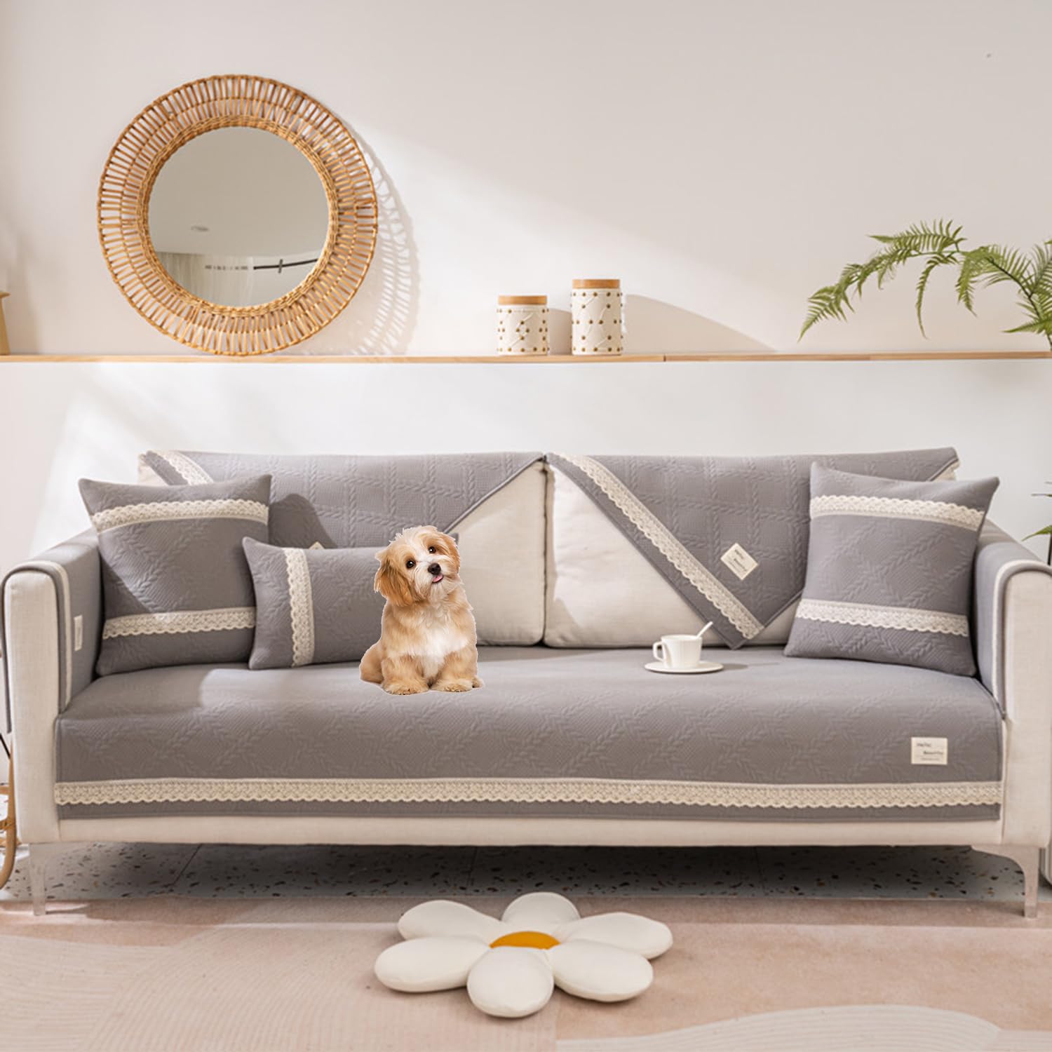 Housse de canapé en coton jacquard gris clair 90x240cm antidérapante