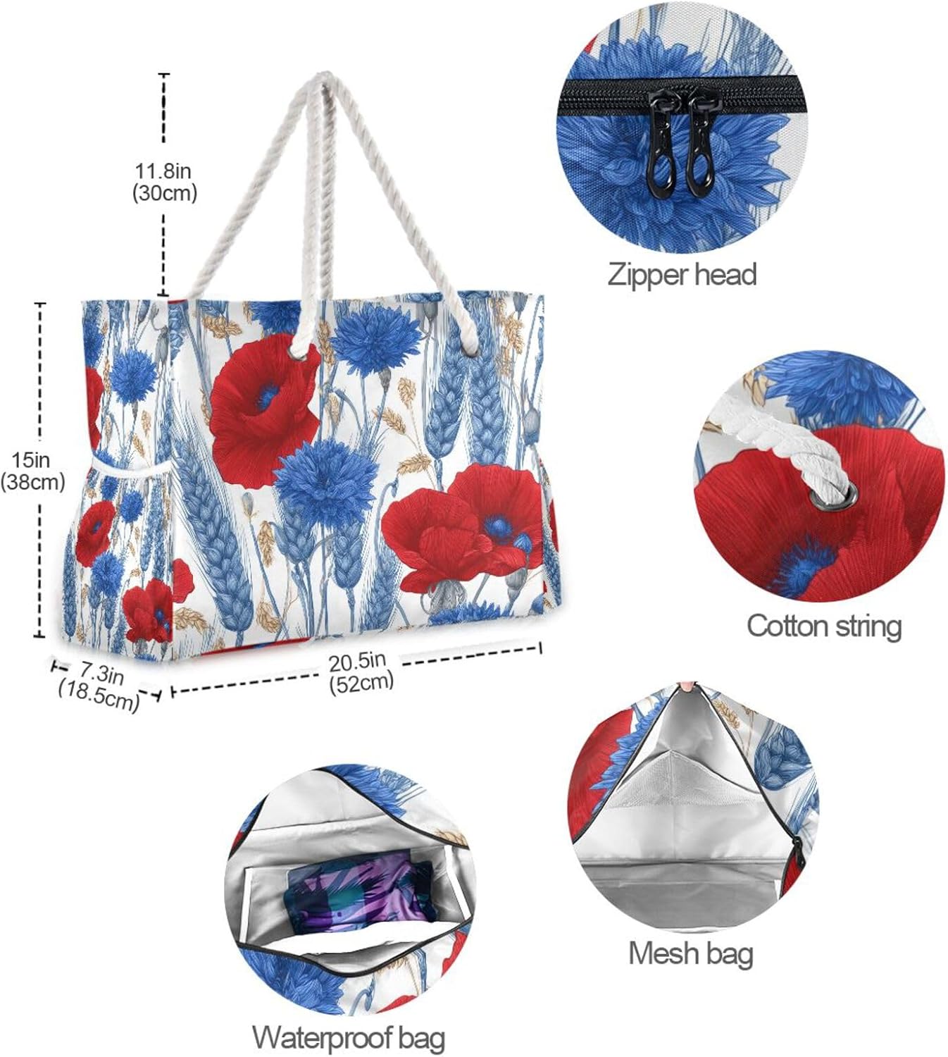 OTVEE Wheat and Red Poppy Flowers Beach Bags for Women Ladies Large Canvas Tote Shoulder Bag Waterproof Travel Bags for Gym Swim Pool Camping
