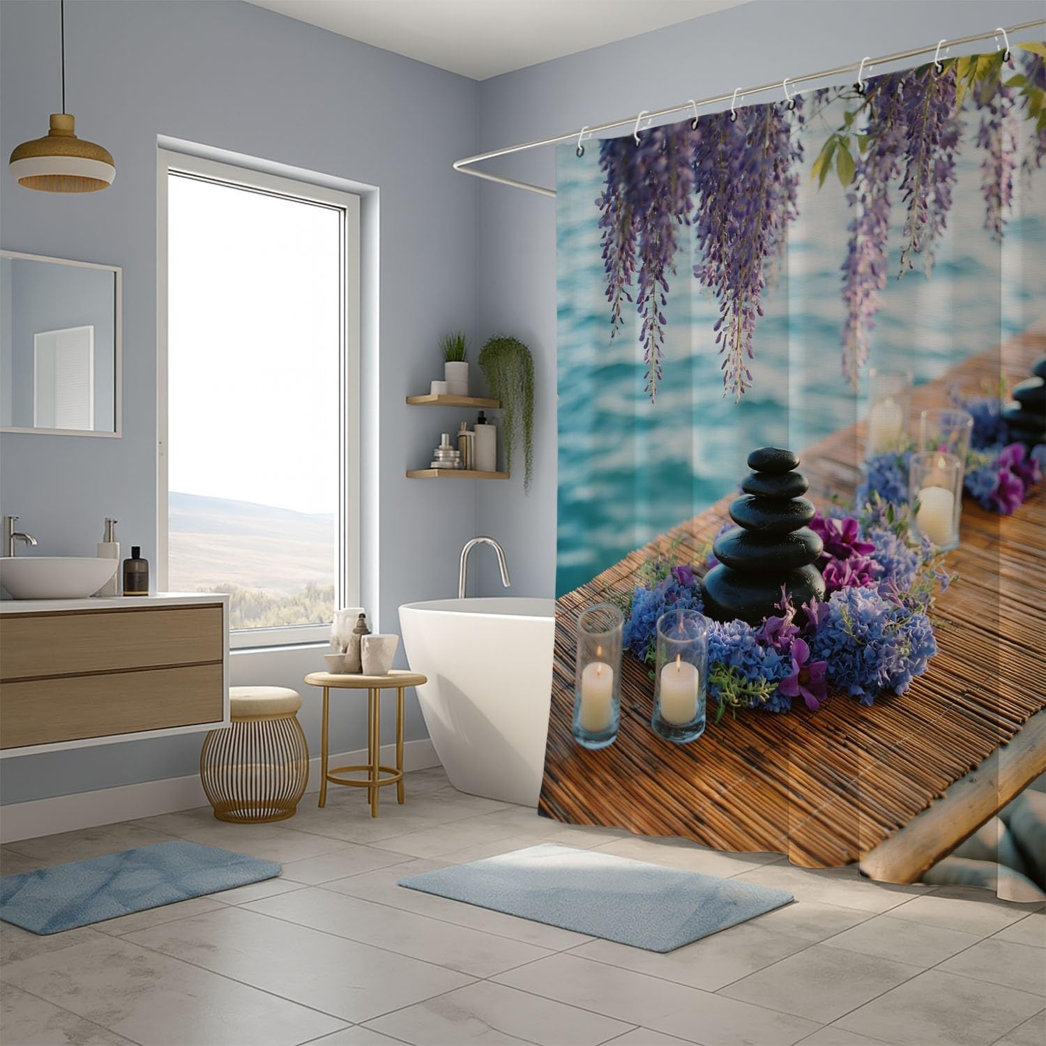 Generico Zasłona prysznicowa 240 x 200 cm, 1 sztuka z mikrofibry, wodoodporna i odporna na pleśń, zmywalna, do łazienki lub wanny, z oczkami i haczykami, fioletowy, luźny, bambusowy dywan kwiaty