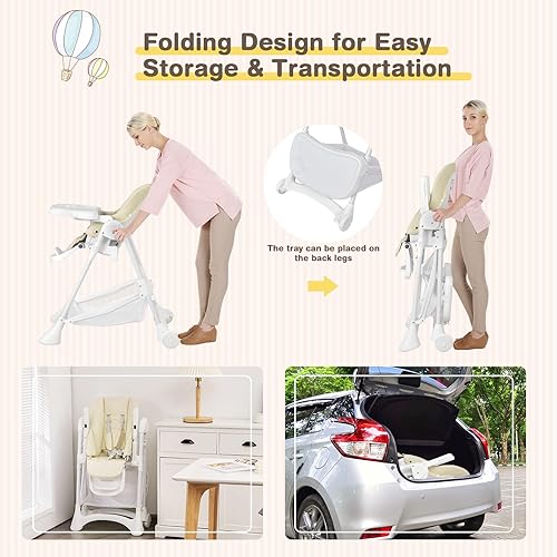 Miniatura 5 de BABY JOY Silla alta para bebés y niños pequeños, trona plegable rápida con 2 ruedas con bloqueo, canasta de almacenamiento grande, bandejas dobles