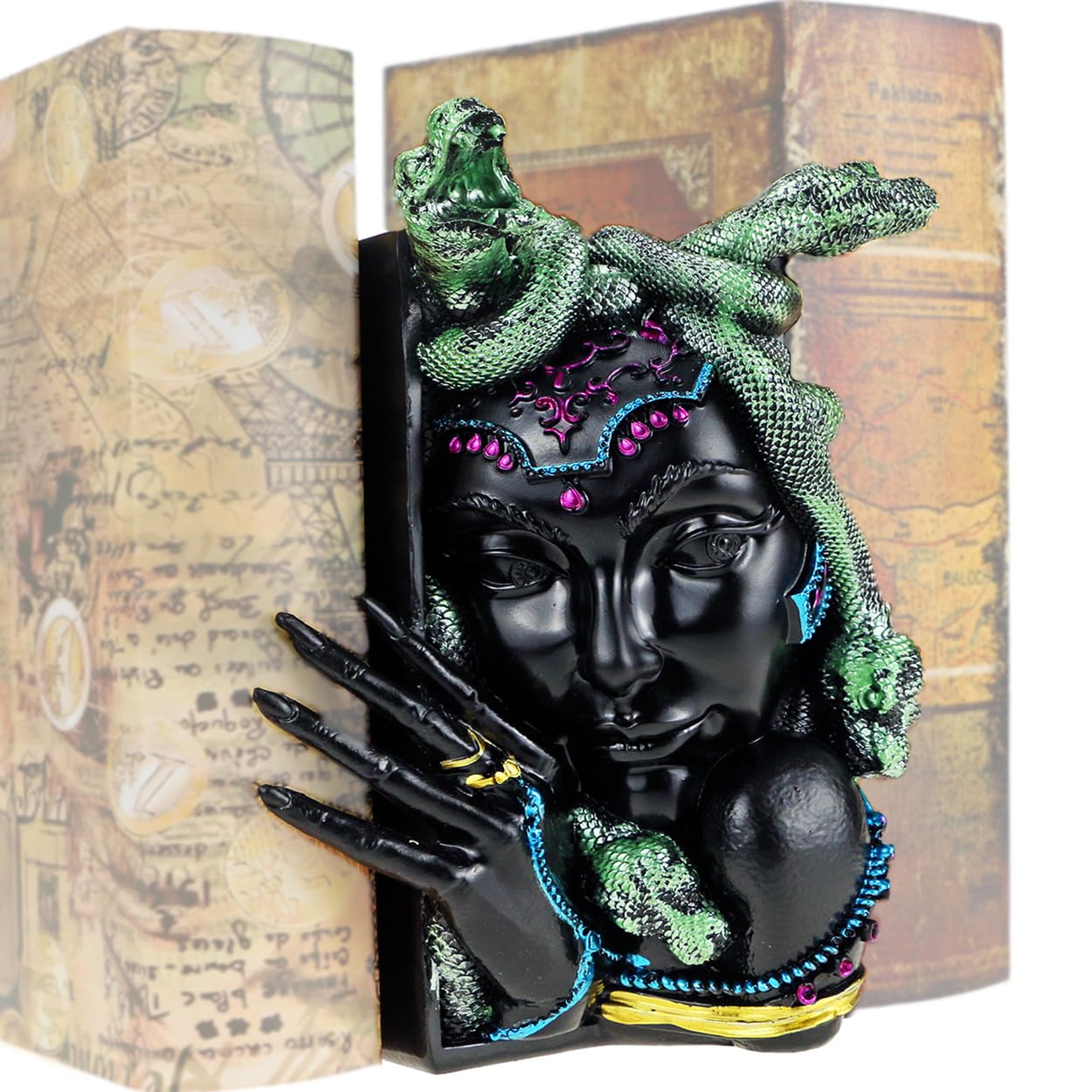 Sujetalibros Medusa 3D MAZERAN decorativo de resina para estanterías y vinilos