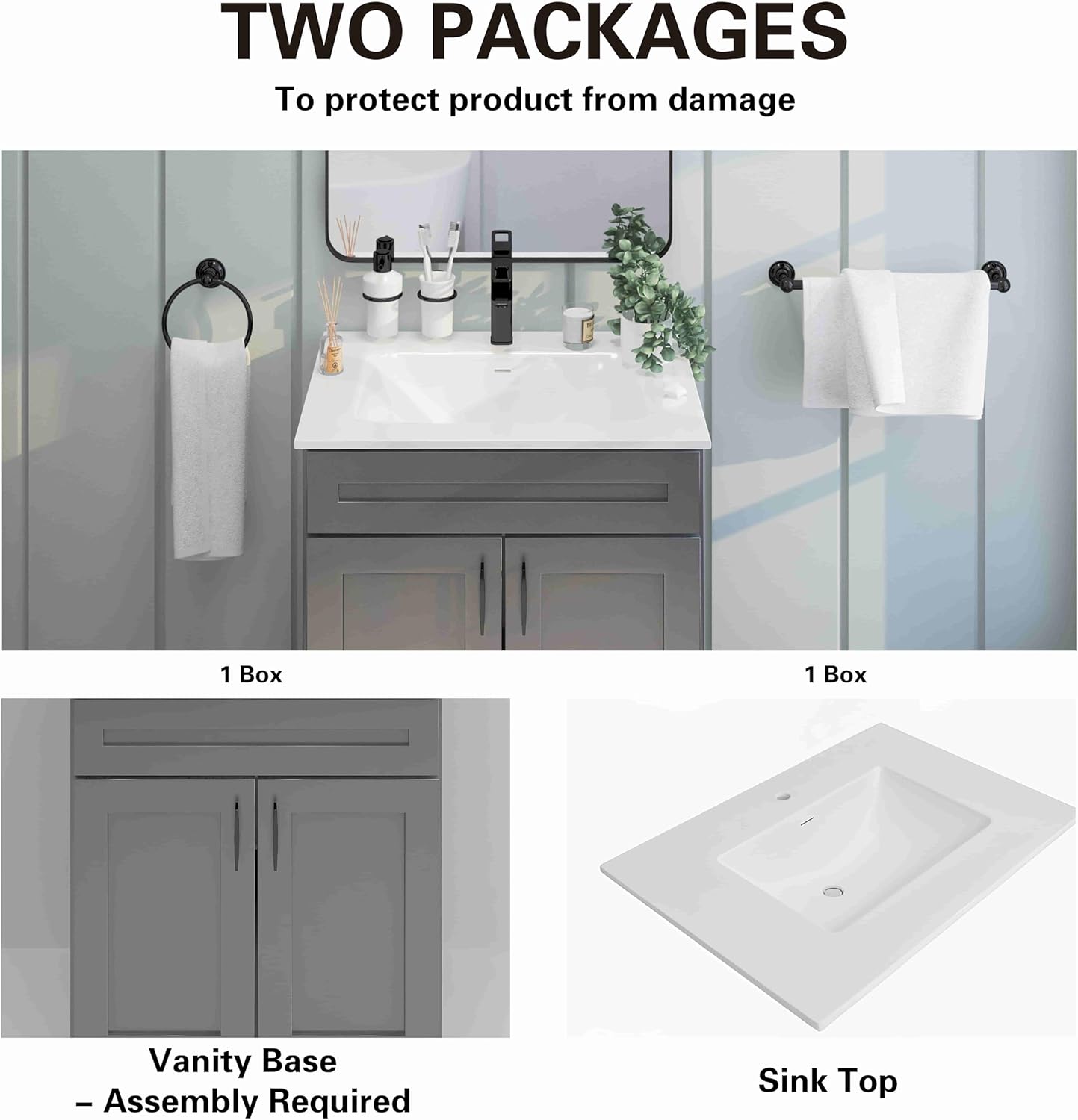 36" Grey Shaker Bathroom Vanity with Sink – Solid Surface One-Piece Top, Soft-Close Doors, Polyurethane Nano Resin Sink, Pre-Drilled Faucet Hole, Modern Bath Vanity Cabinet Set