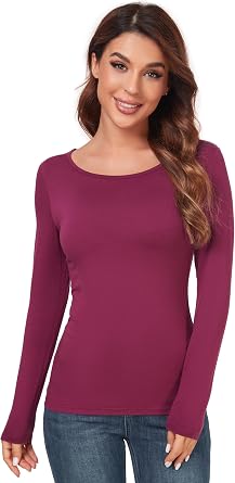 AUHEGN Womens Scoop Neck Tops Long Sleeve Slim Fit T Shirt Thermal Blouse Basic Layer Shirts