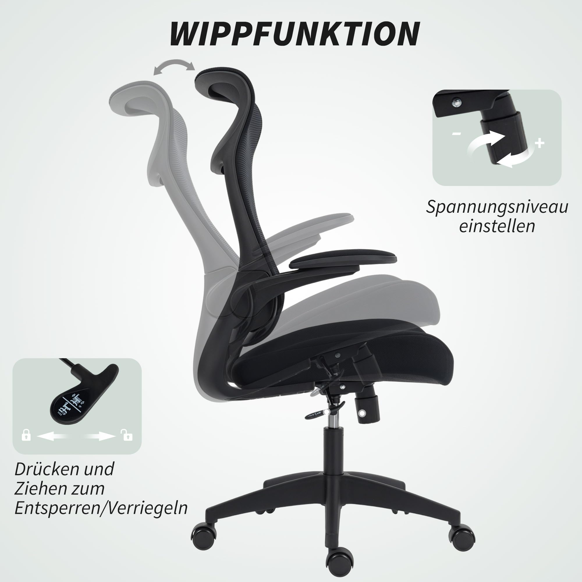 HOMCOM Bürostuhl, Ergonomischer Schreibtischstuhl, Kopfstütze, Schwarz | 3D Einstellbarer Armlehne, Höhenverstellbarer Computerstuhl Drehstuhl mit Wippfunktion, Netzbespannung